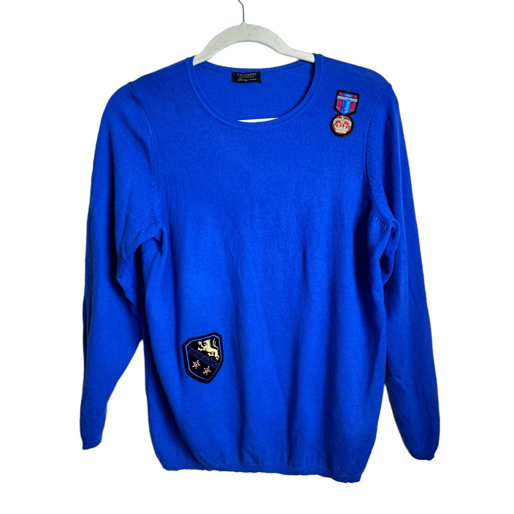 Charter Club Luxury Cashmere Crewneck Sweater with Patches Bright Blue Size XL - Picture 1 of 11